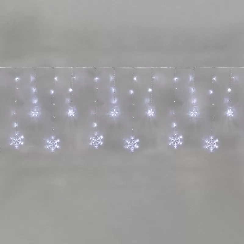 Гирлянда Бахрома со снежинками 2,4х0,9м, 150LED БЕЛЫЙ, прозрачный ПВХ, IP20, свечение с динамикой, 230В, не соединяется, с контроллером 8 режимов